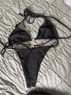 Meshki Black Triangle Bikini with Silver M Logo Accents